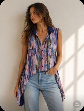 BCBGmaxazria Multicolor Painterly Sleeveless Button Up Front Hi Low Top Size S
